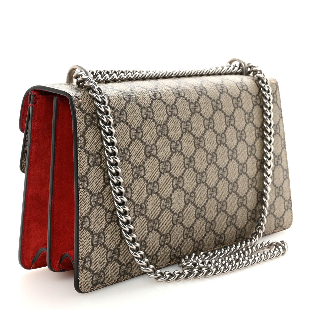 Gucci GG Supreme Monogram Suede Small Dionysus Shoulder Bag Beige Ebony Vulcanic Red