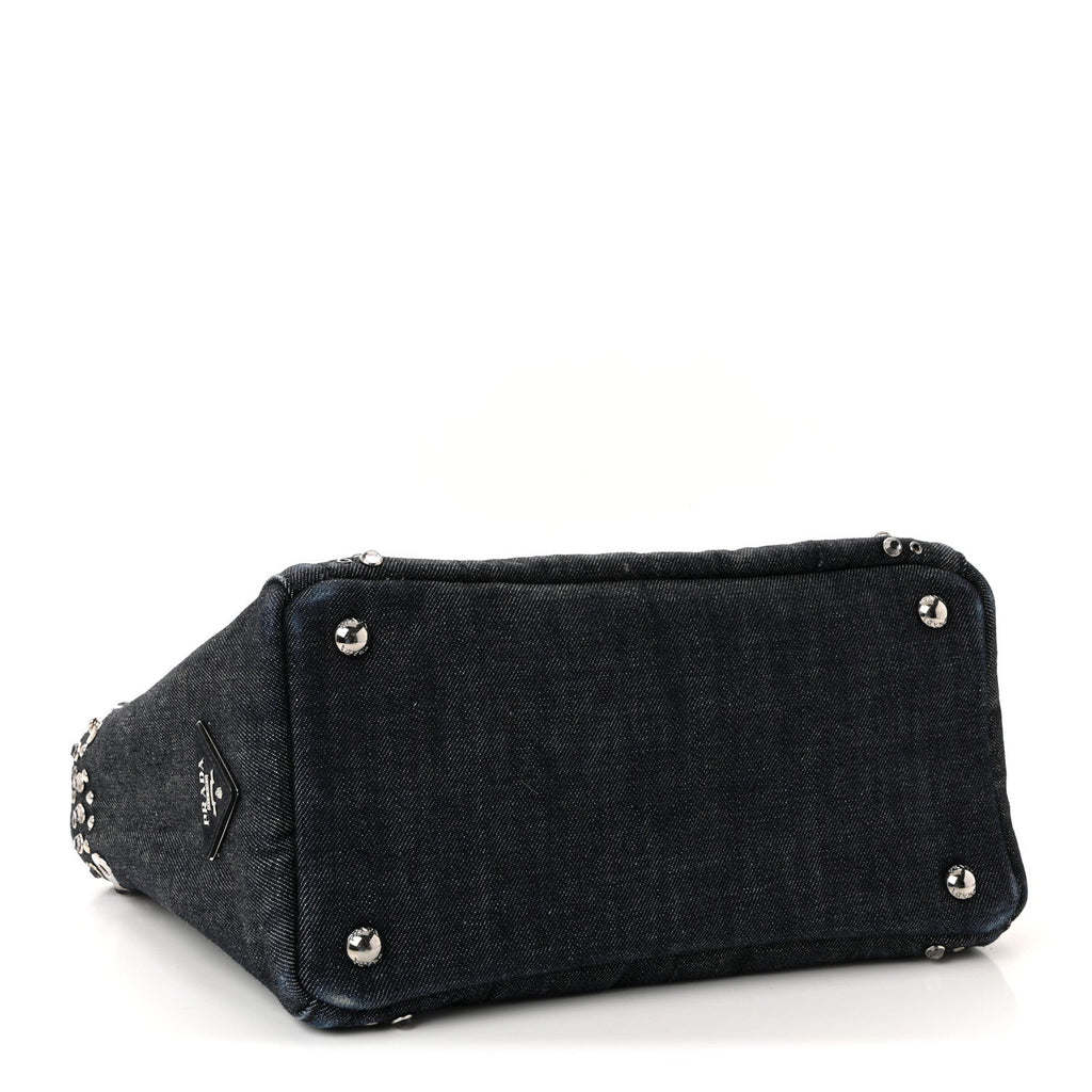 Prada Canapa Denim Crystal Rivet Studded Tote Avio