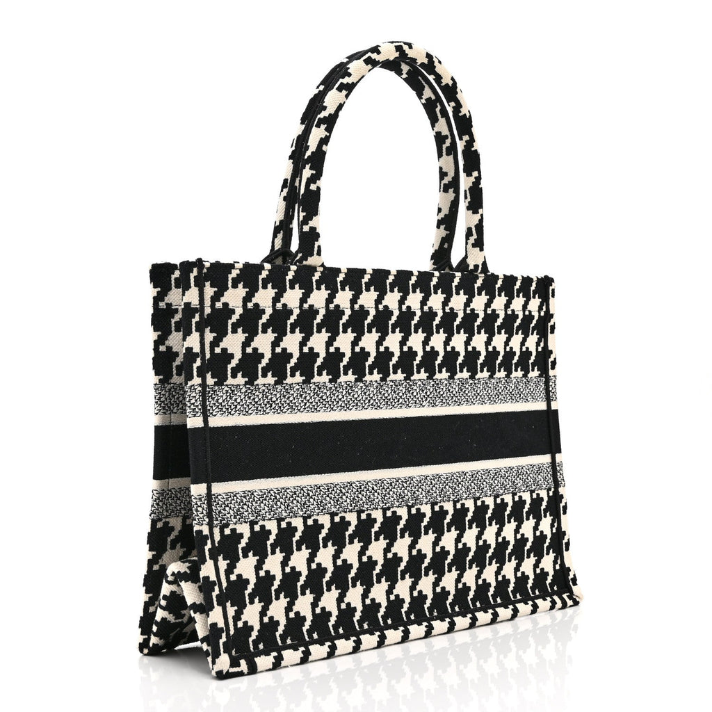 Dior Canvas Houndstooth Embroidered Medium Book Tote Black White