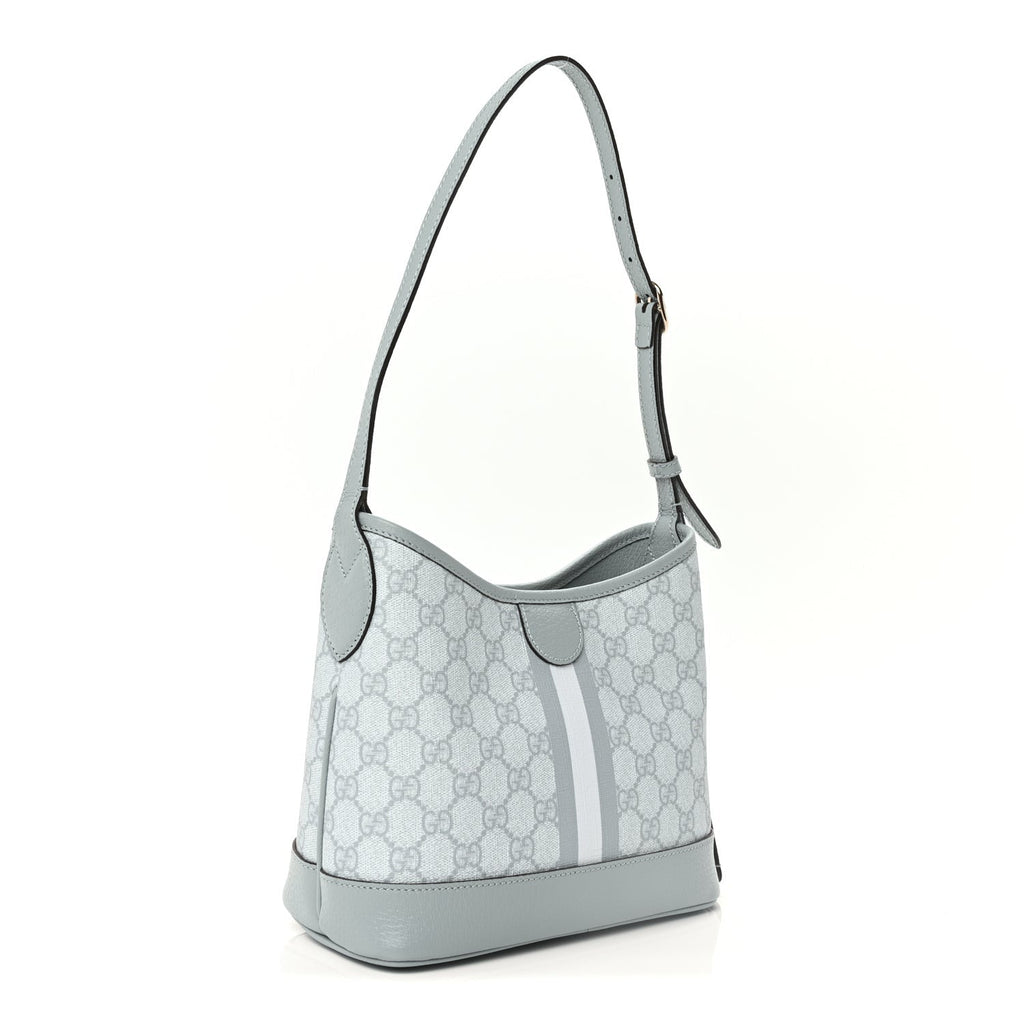 Gucci GG Supreme Monogram Textured Dollar Calfskin Web Small Ophidia Bucket Shoulder Bag Dusty Blue