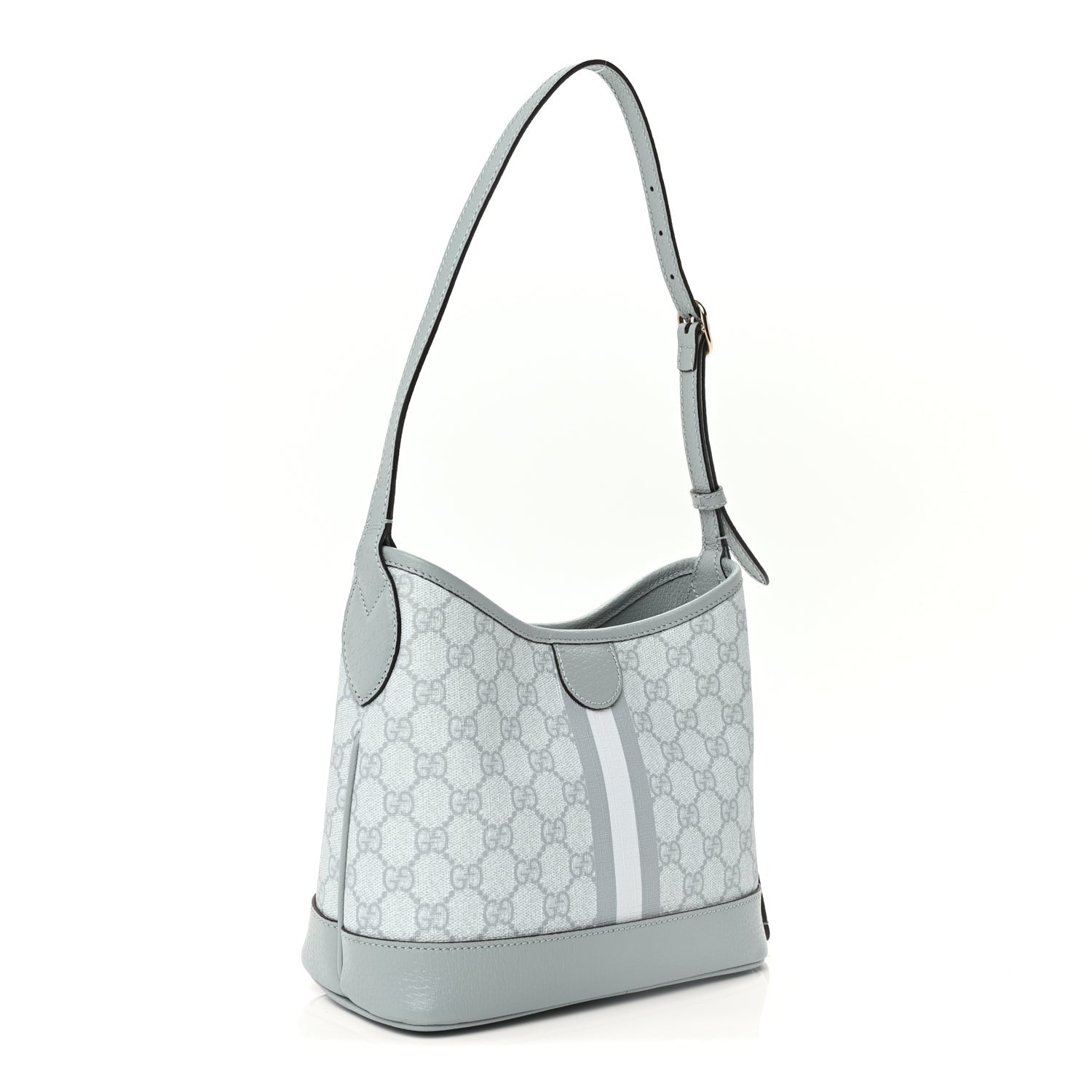 Gucci GG Supreme Monogram Textured Dollar Calfskin Web Small Ophidia Bucket Shoulder Bag Dusty Blue