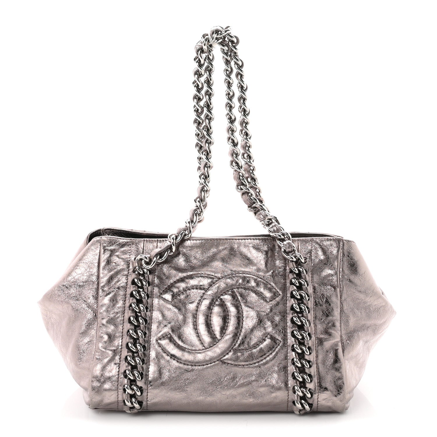 Chanel Metallic Cracked Calfskin Modern Chain Tote Dark Silver
