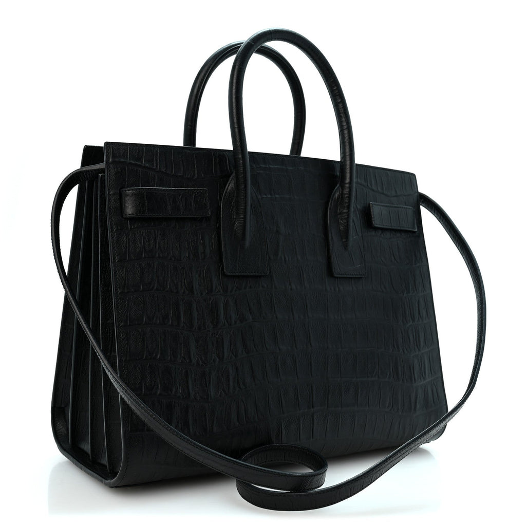 Saint Laurent Calfskin Crocodile Embossed Small Sac de Jour Black