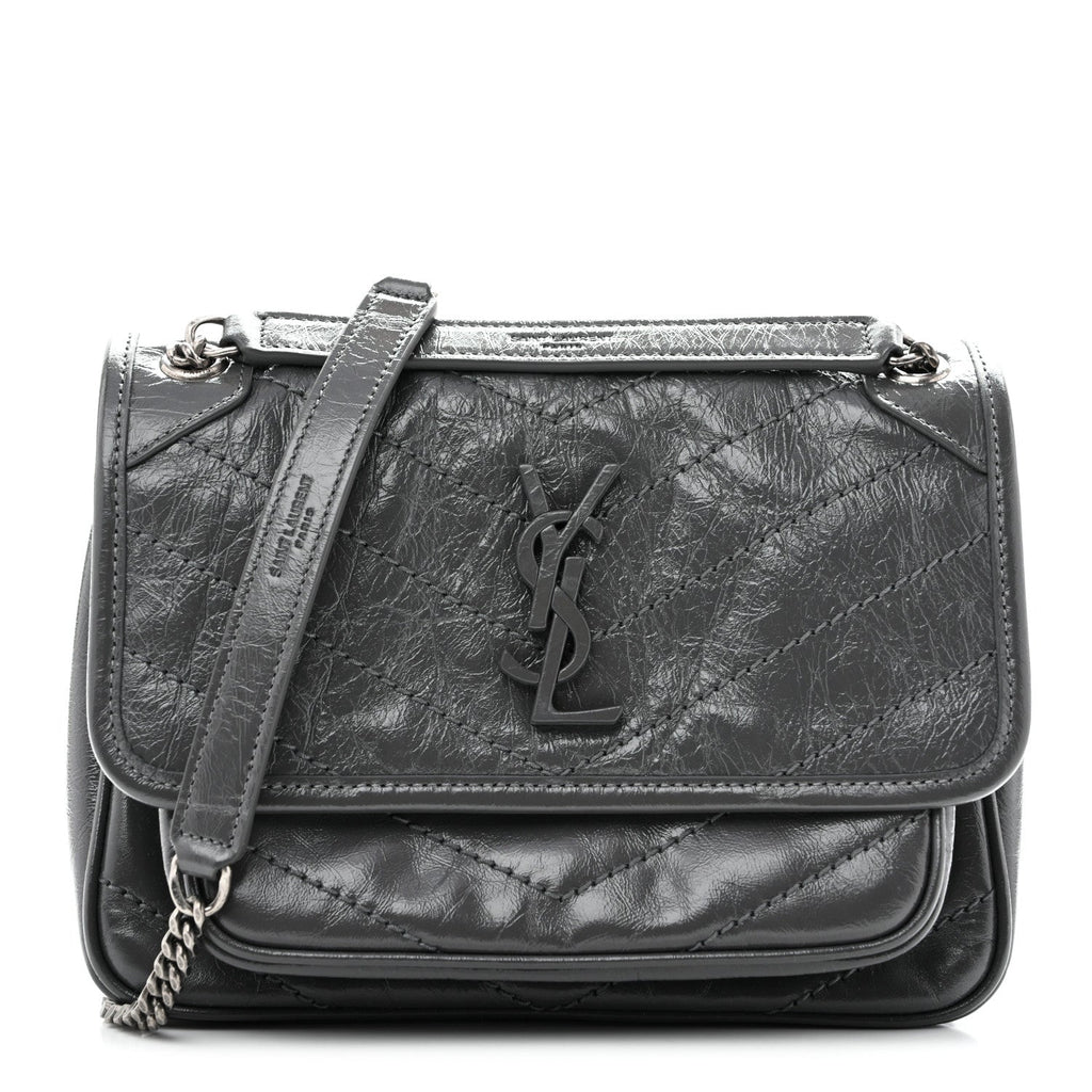 Saint Laurent Crinkled Calfskin Matelasse Monogram Baby Niki Chain Satchel Storm
