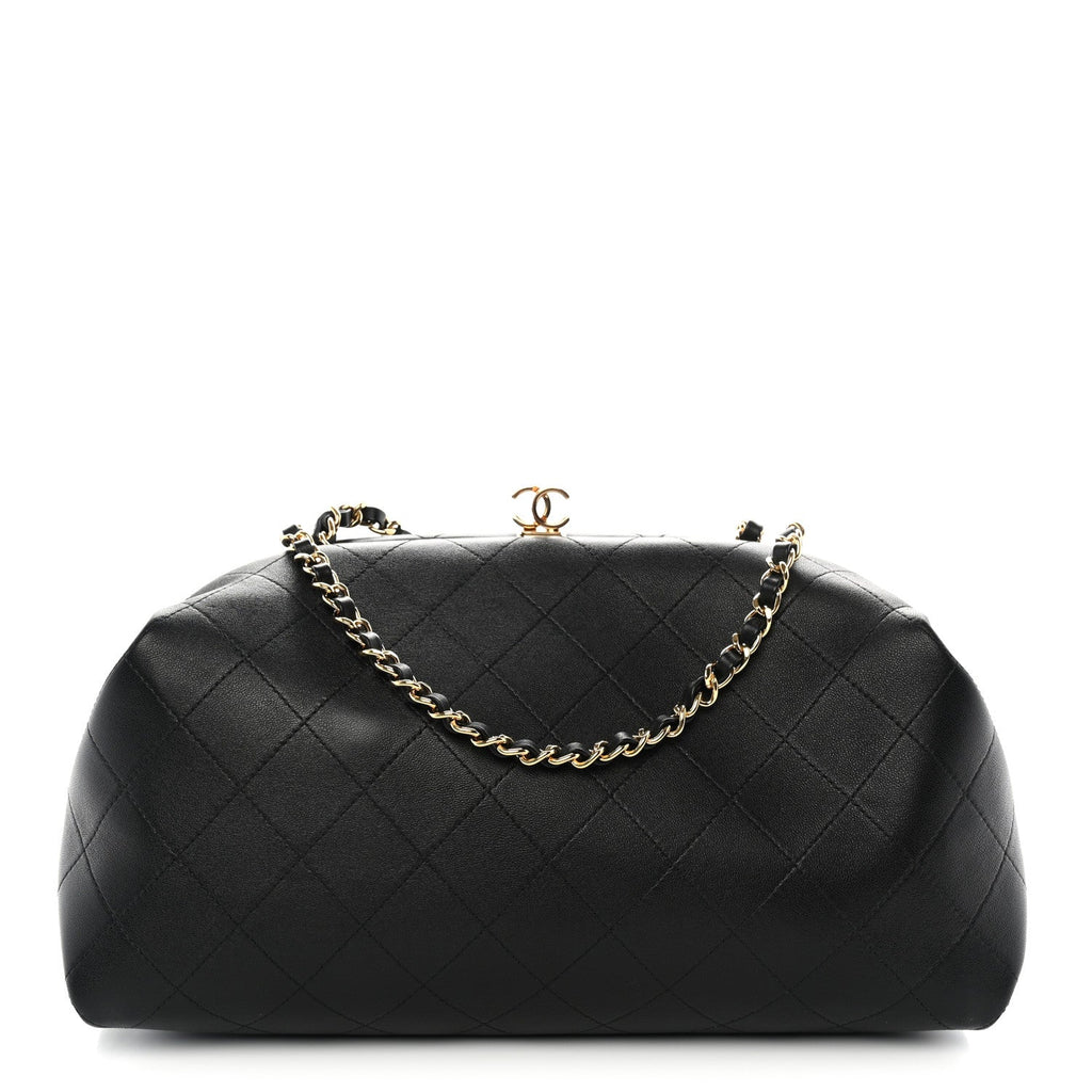 Chanel Lambskin Stitched Clutch With Chain Black