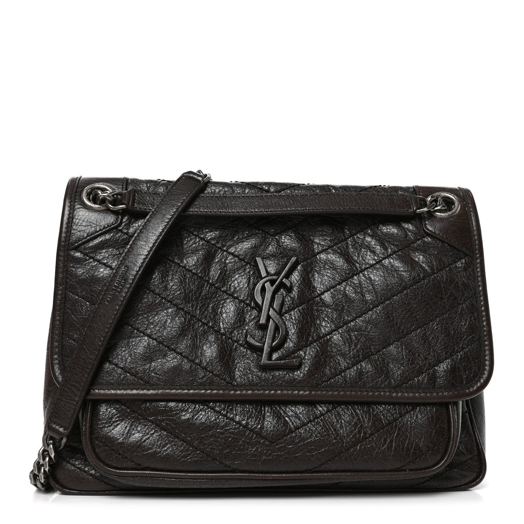 Saint Laurent Crinkled Calfskin Matelasse Monogram Medium Niki Chain Satchel Moka