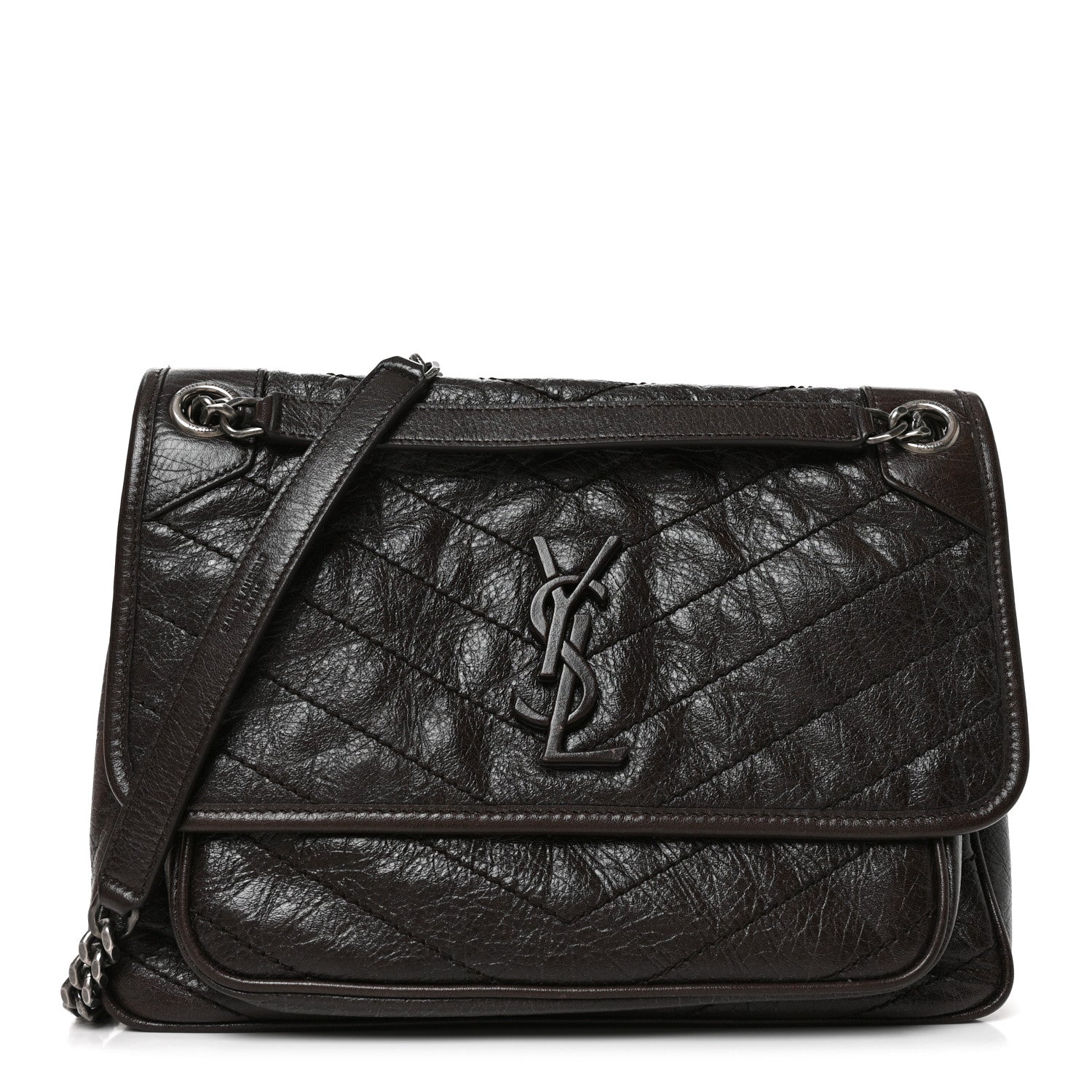 Saint Laurent Crinkled Calfskin Matelasse Monogram Medium Niki Chain Satchel Moka