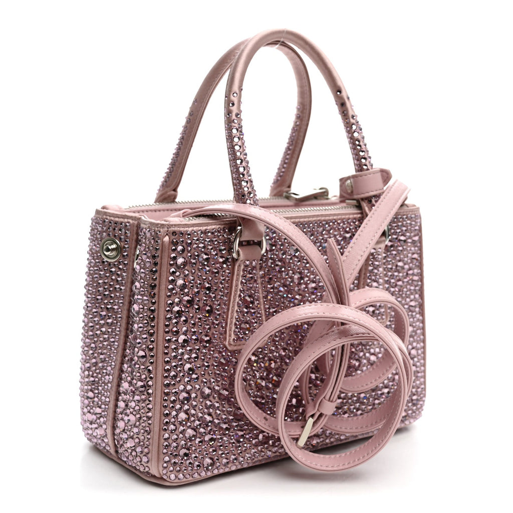 Prada Satin Crystal Mini Galleria Double Zip Tote Alabastro