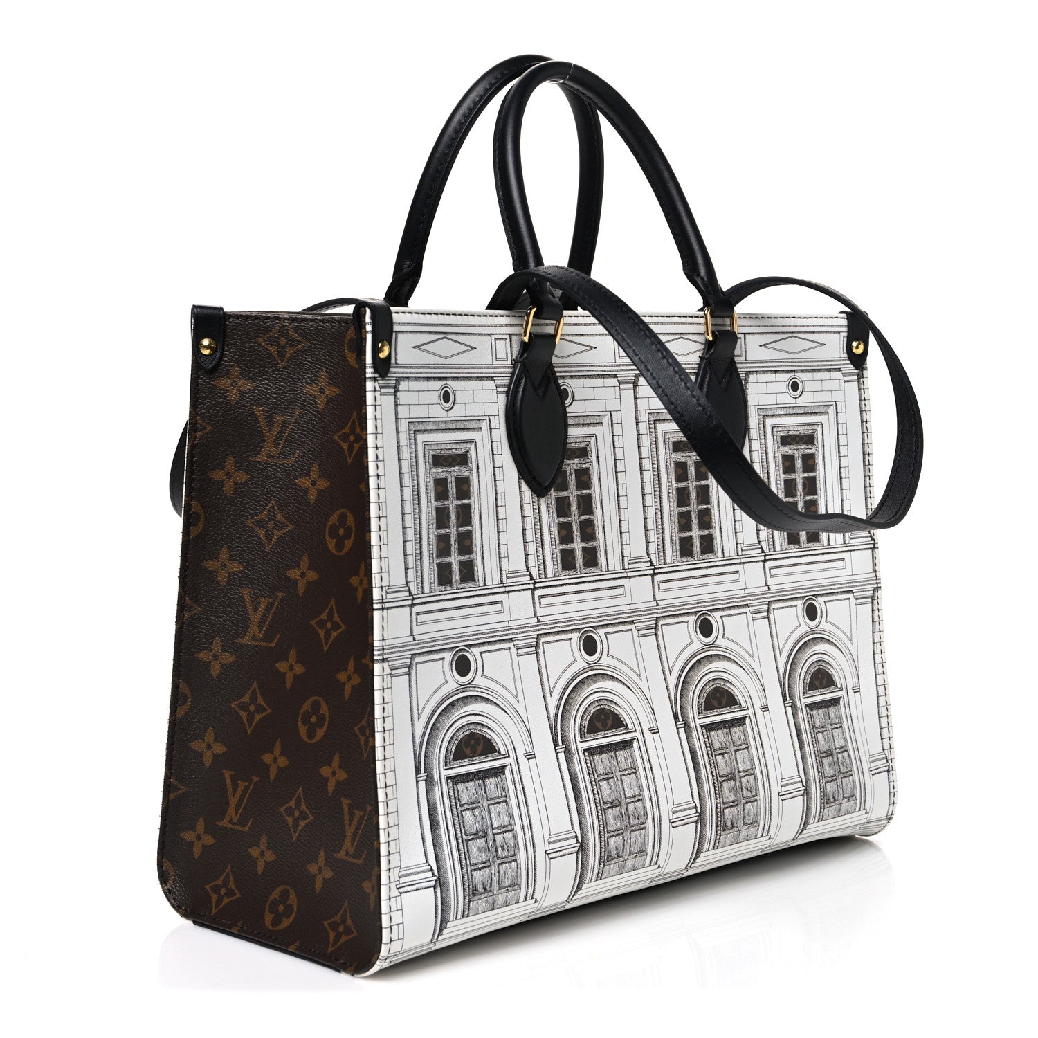 Louis Vuitton X FORNASETTI Calfskin Architettura Onthego MM Black White