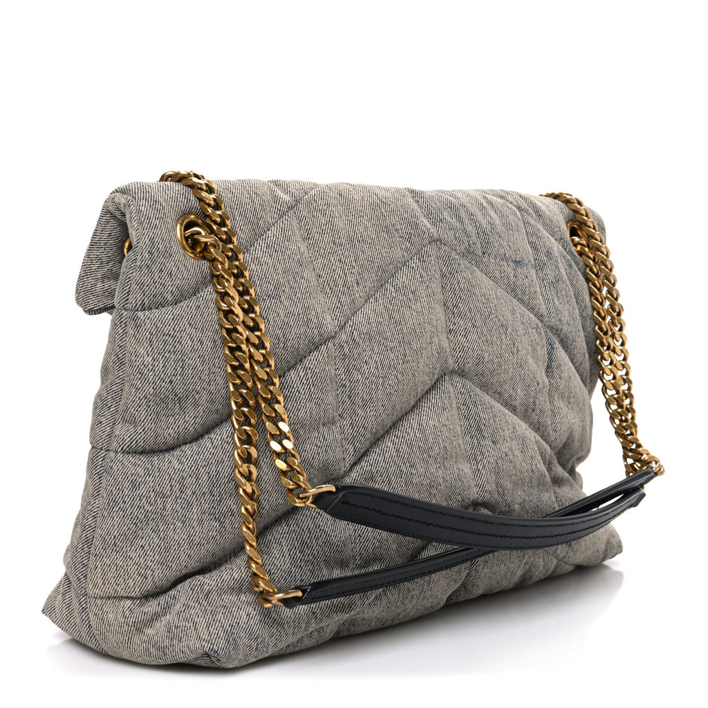 Saint Laurent Denim Quilted Medium Loulou Puffer Monogram Chain Satchel Azur