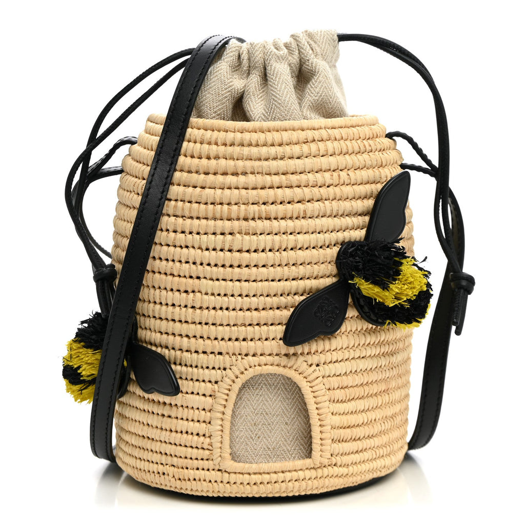 Loewe X PAULA'S IBIZA Raffia Calfskin Beehive Basket Tote Bag Natural Black