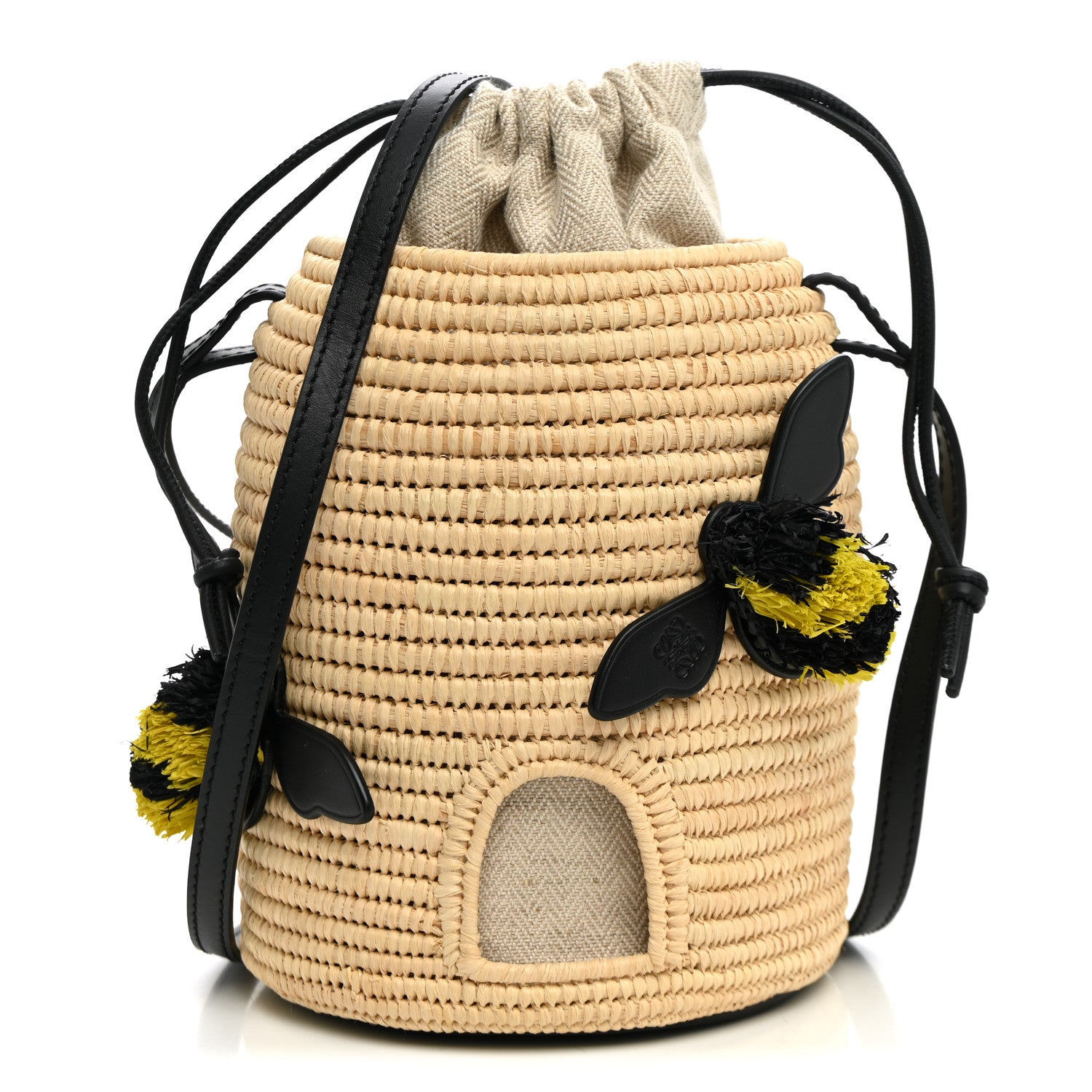 Loewe X PAULA'S IBIZA Raffia Calfskin Beehive Basket Tote Bag Natural Black