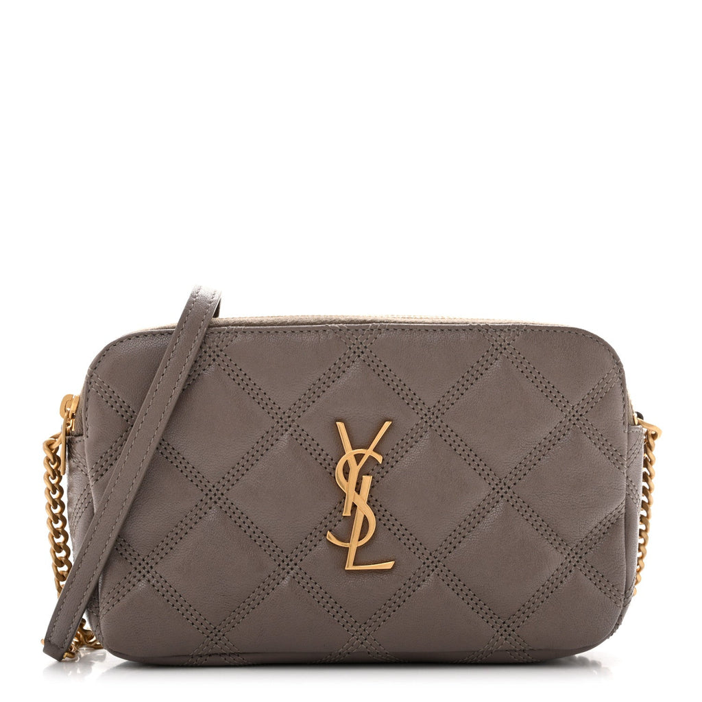 Saint Laurent Grained Lambskin Quilted Mini Becky Double Zip Bag Taupe