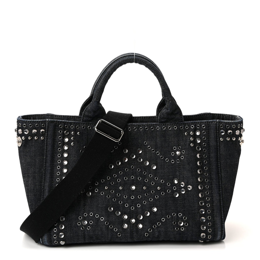 Prada Canapa Denim Crystal Rivet Studded Tote Avio