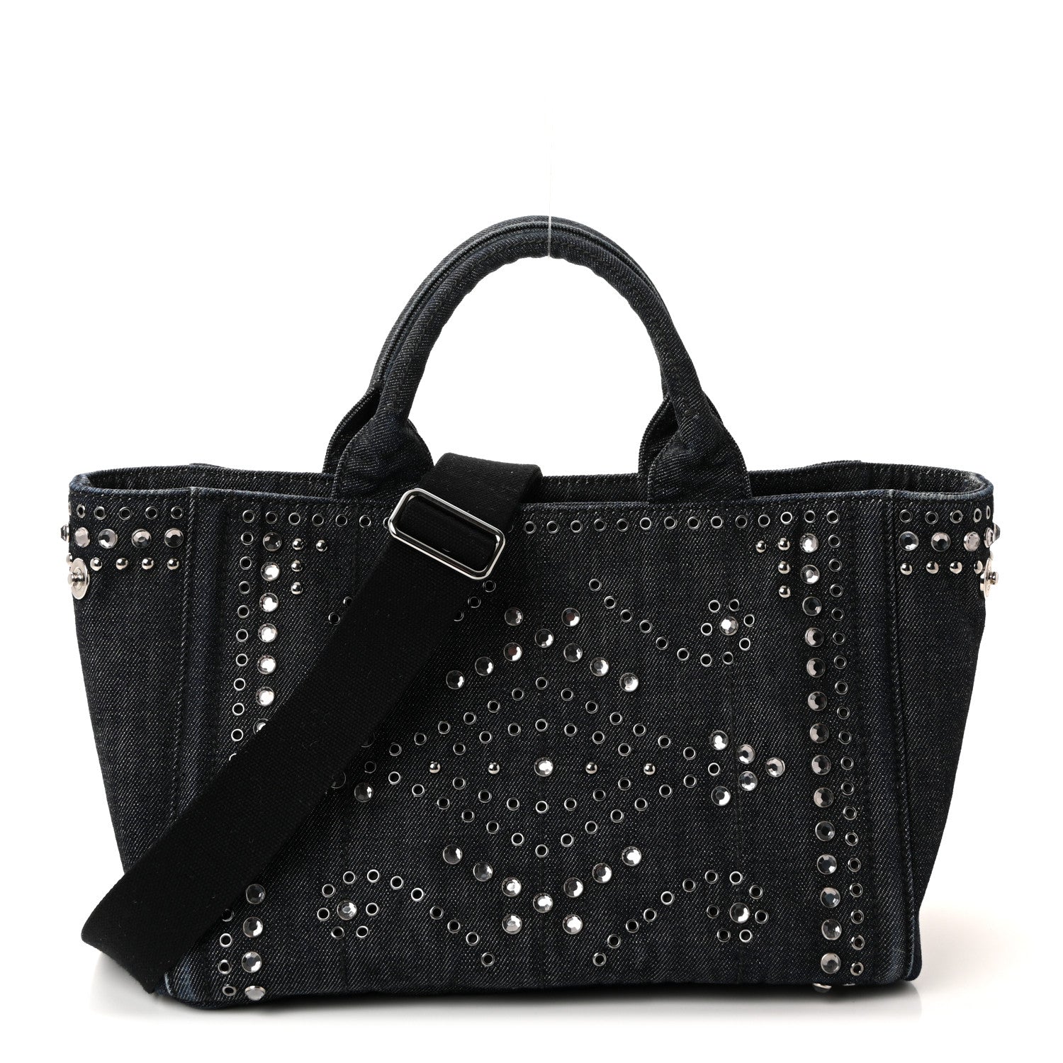 Prada Canapa Denim Crystal Rivet Studded Tote Avio