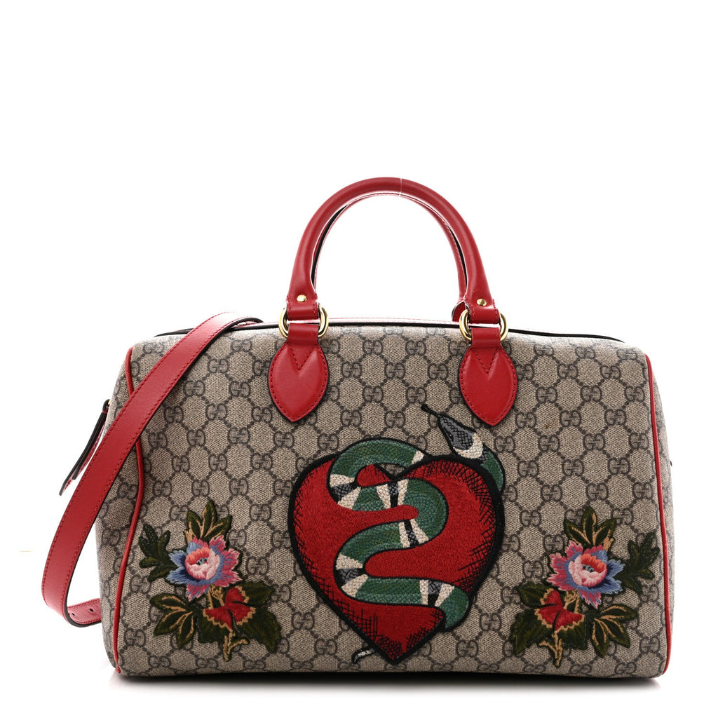 Gucci GG Supreme Monogram Kingsnake Heart Embroidered Medium Boston Hibiscus Red