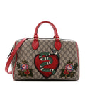 Gucci GG Supreme Monogram Kingsnake Heart Embroidered Medium Boston Hibiscus Red