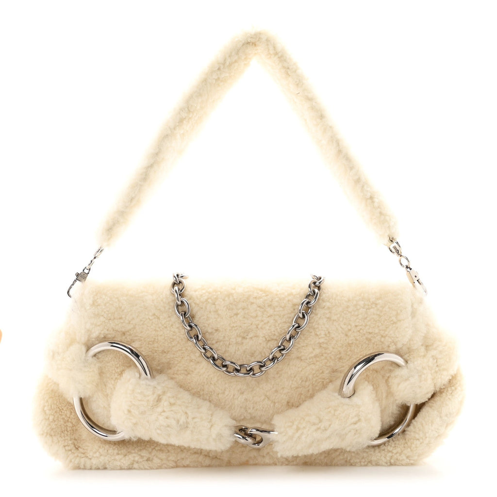 Gucci Merino Wool Medium Maxi Horsebit Chain Shoulder Bag Off White
