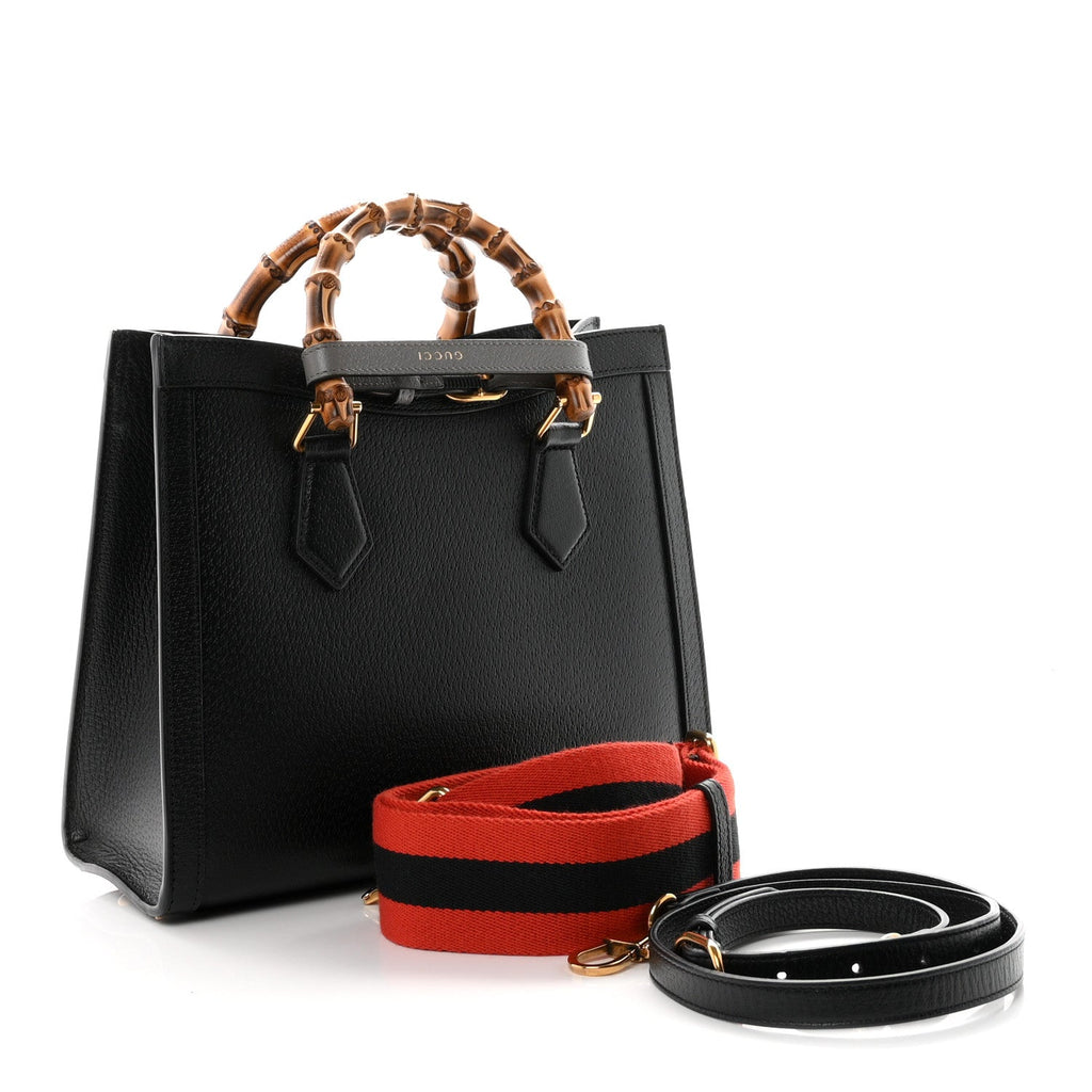 Gucci Textured Dollar Calfskin Web Small Diana Tote Bag Black Dusty Grey