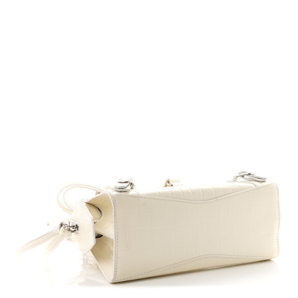 Balenciaga Semi Shiny Calfskin Crocodile Embossed Neo Classic Silver Hardware Mini City White