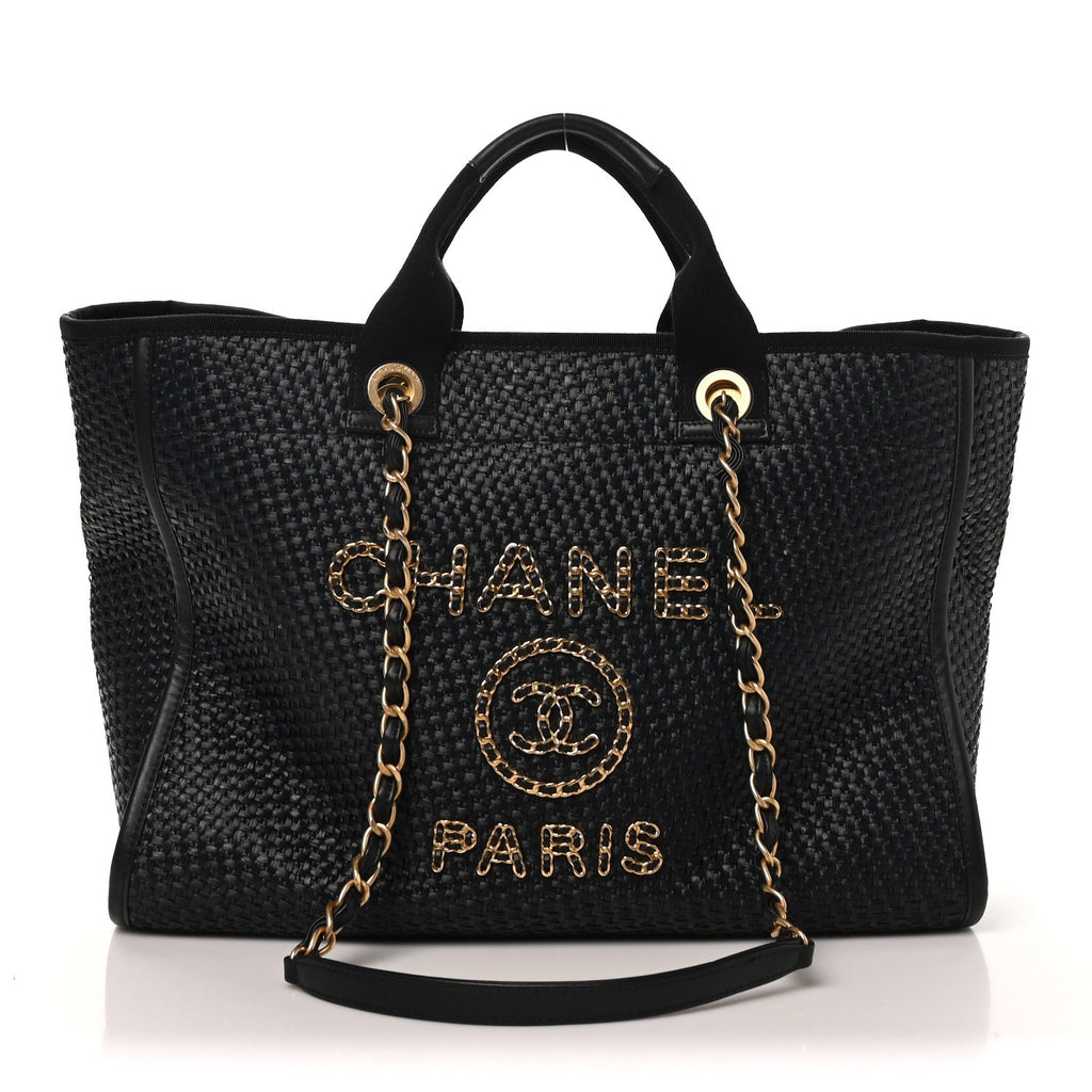 Chanel Straw Raffia Calfskin Chain Medium Deauville Tote Black
