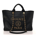 Chanel Straw Raffia Calfskin Chain Medium Deauville Tote Black