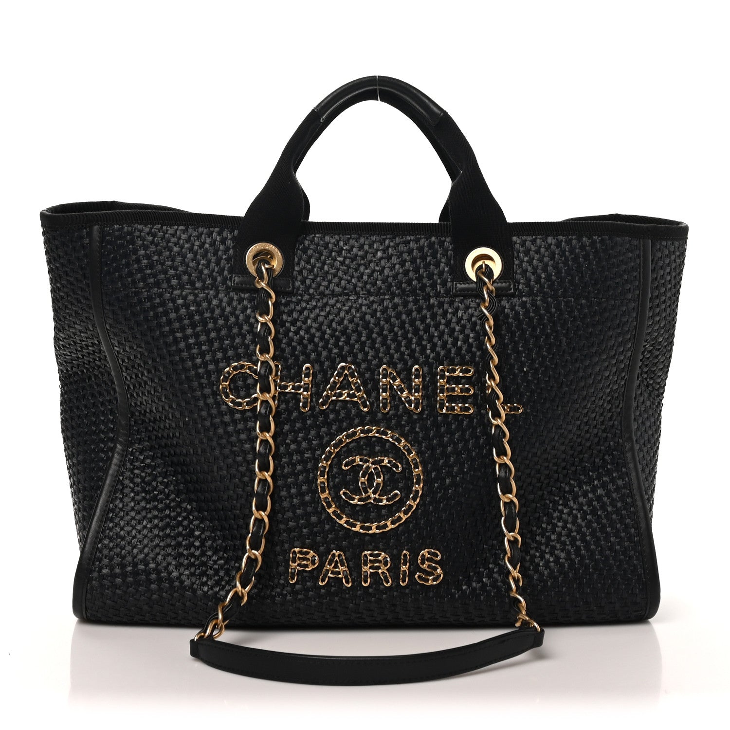 Chanel Straw Raffia Calfskin Chain Medium Deauville Tote Black