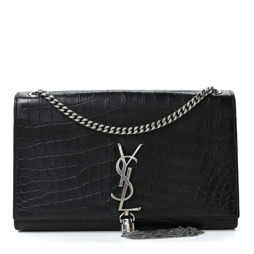 Saint Laurent Calfskin Crocodile Embossed Medium Classic Monogram Kate Tassel Satchel Black