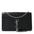 Saint Laurent Calfskin Crocodile Embossed Medium Classic Monogram Kate Tassel Satchel Black