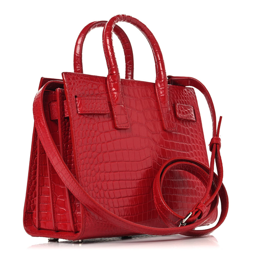 Saint Laurent Calfskin Crocodile Embossed Nano Sac De Jour Red