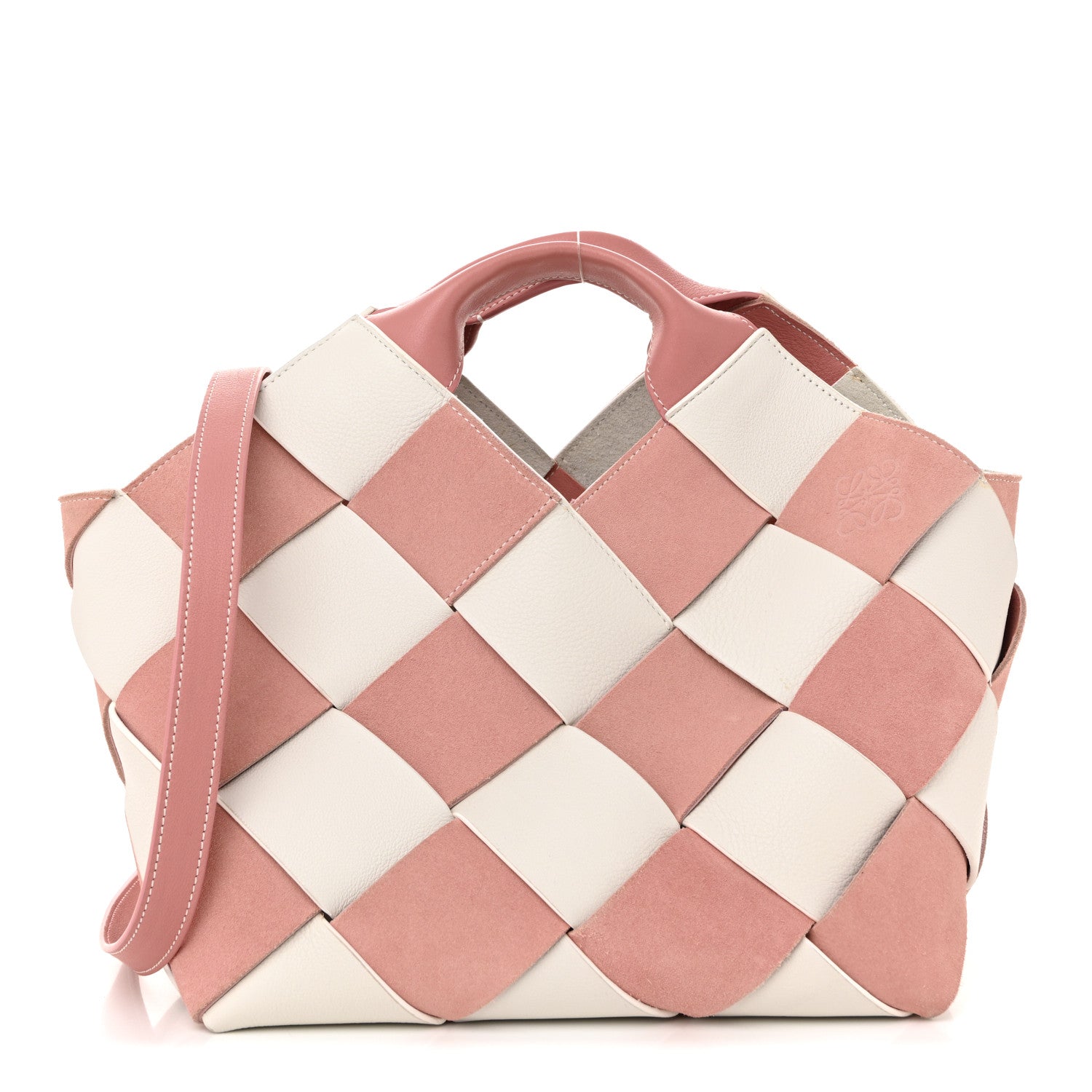 Loewe Calfskin Suede Gingham Woven Basket Bag Soft Pink White