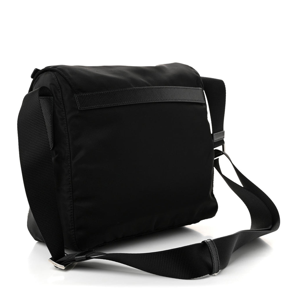 Prada Nylon Vela Saffiano Single Buckle Messenger Shoulder Bag Black