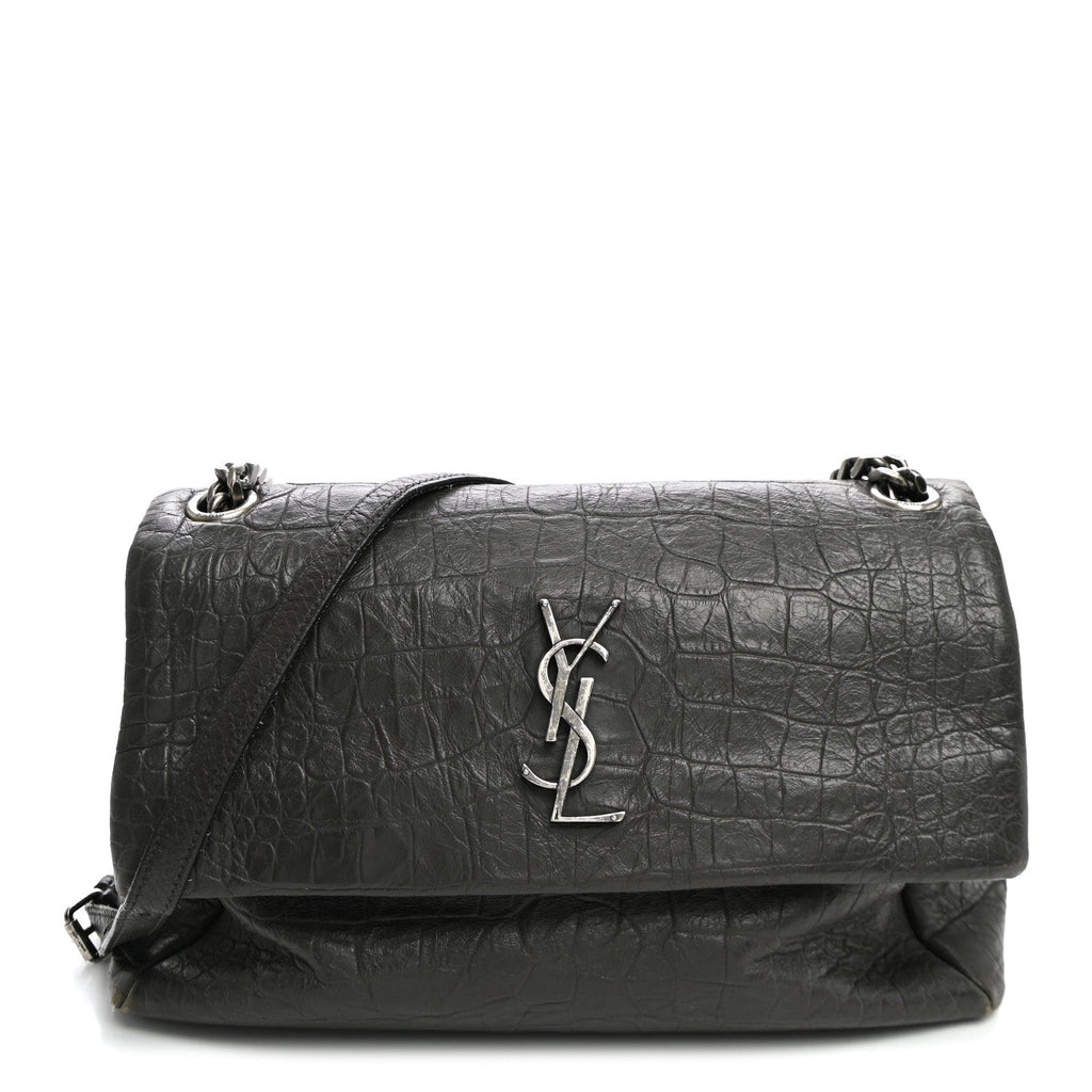 Saint Laurent Calfskin Crocodile Embossed Medium West Hollywood Monogram Fold-Over Grey