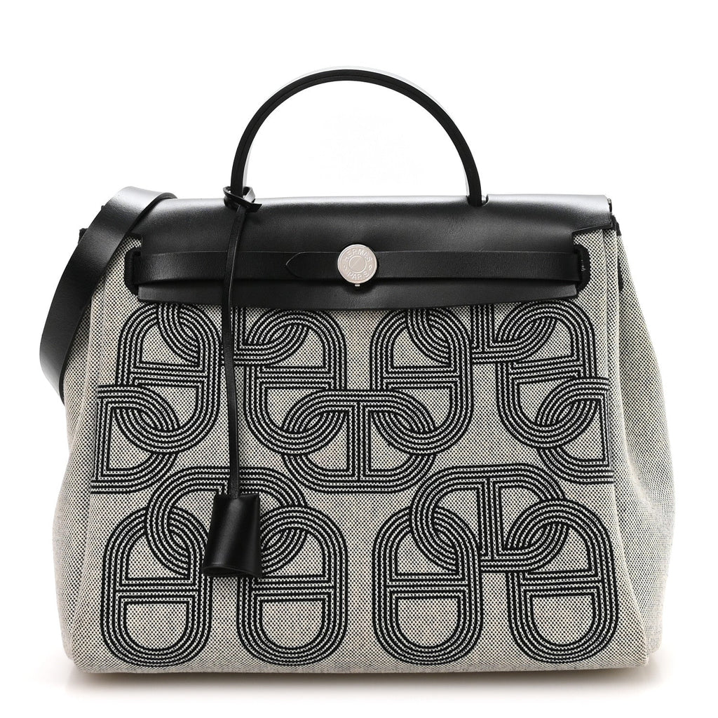 Hermès Vache Hunter Toile Chaine D'Ancre Herbag Zip Retourne 31 PM Ecru Black