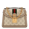 Gucci GG Supreme Monogram Textured Dollar Calfskin Web Mini Ophidia Padlock Top Handle Chain Shoulder Bag Beige Mystic White Oatmeal