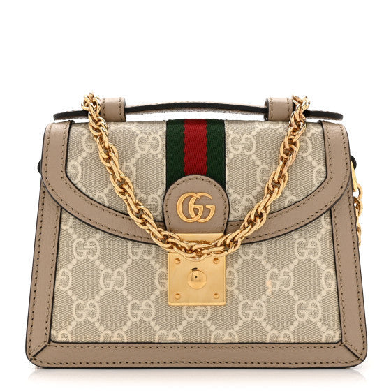 Gucci GG Supreme Monogram Textured Dollar Calfskin Web Mini Ophidia Padlock Top Handle Chain Shoulder Bag Beige Mystic White Oatmeal