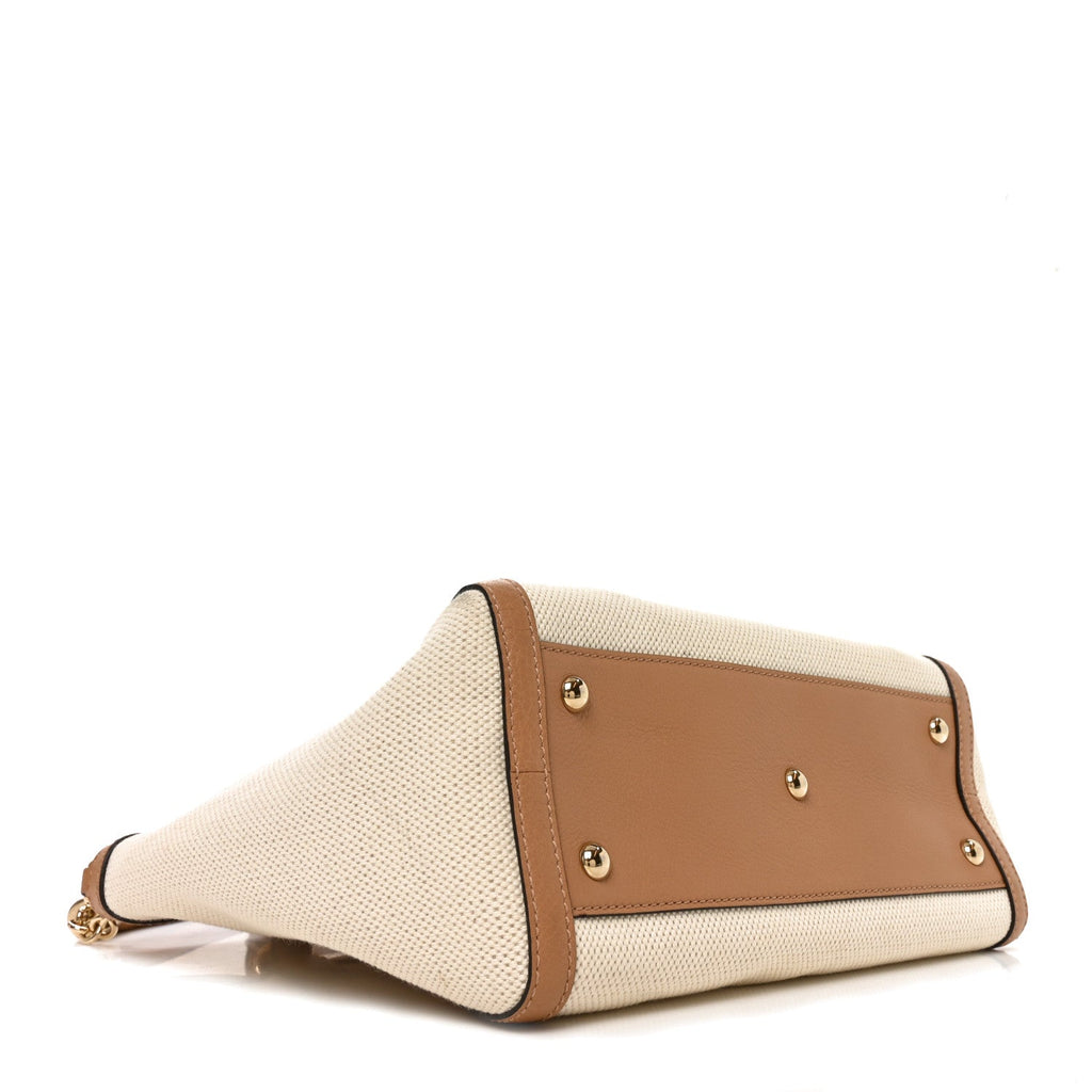 Gucci Linen Canvas Pebbled Calfskin Small Soho Top Handle Bag White Camelia