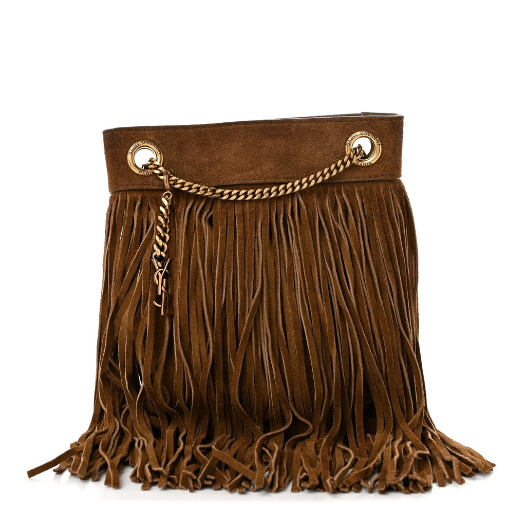 Saint Laurent Suede Calfskin Small Grace Fringed Hobo Bag Light Ocre