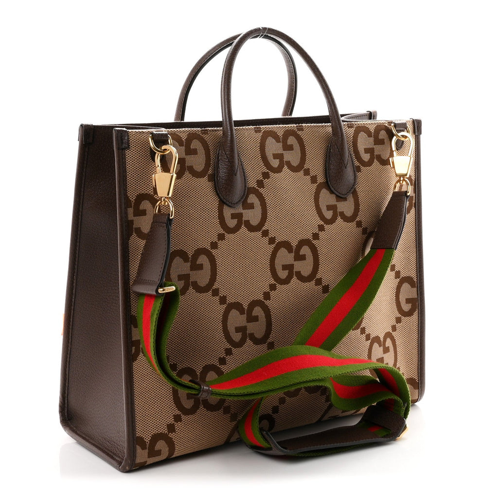 Gucci Monogram Jumbo GG Textured Dollar Calfskin Web Tote Bag Camel Ebony New Acero