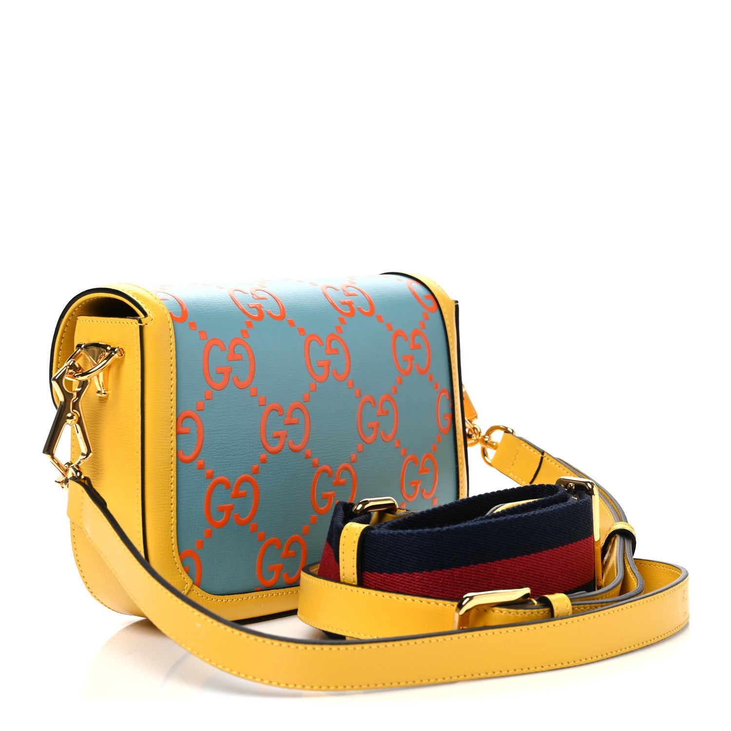 Gucci Azalea Calfskin GG Monogram Bi-Color Debossed Mini Horsebit 1955 Shoulder Bag Dusty Azure Stone Topaz Deep Orange