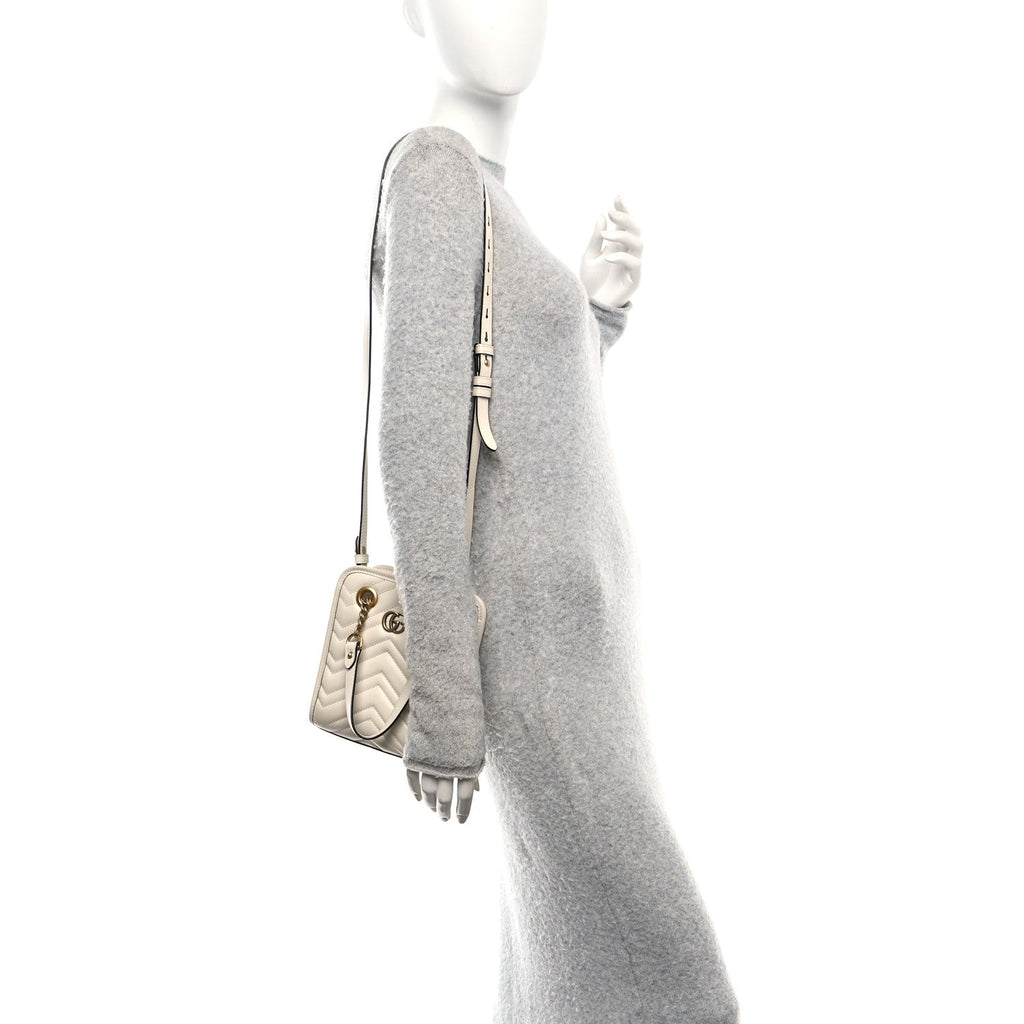 Gucci Calfskin Matelasse Chevron Mini GG Marmont Tote Mystic White