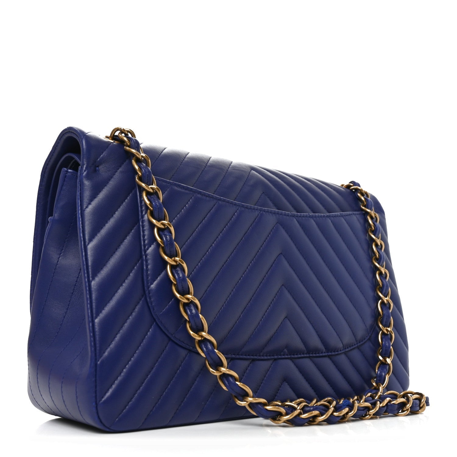 Chanel Lambskin Chevron Quilted Jumbo Double Flap Navy Blue