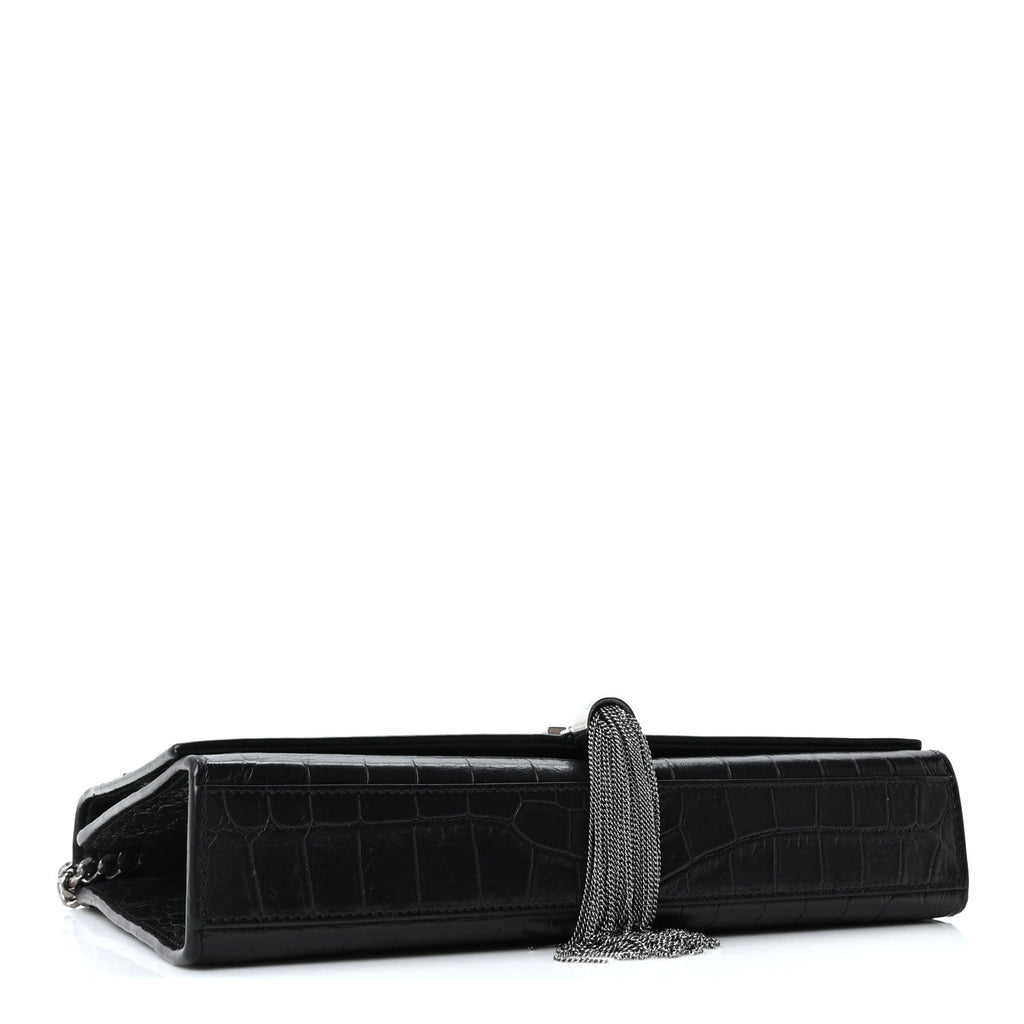 Saint Laurent Calfskin Crocodile Embossed Medium Classic Monogram Kate Tassel Satchel Black