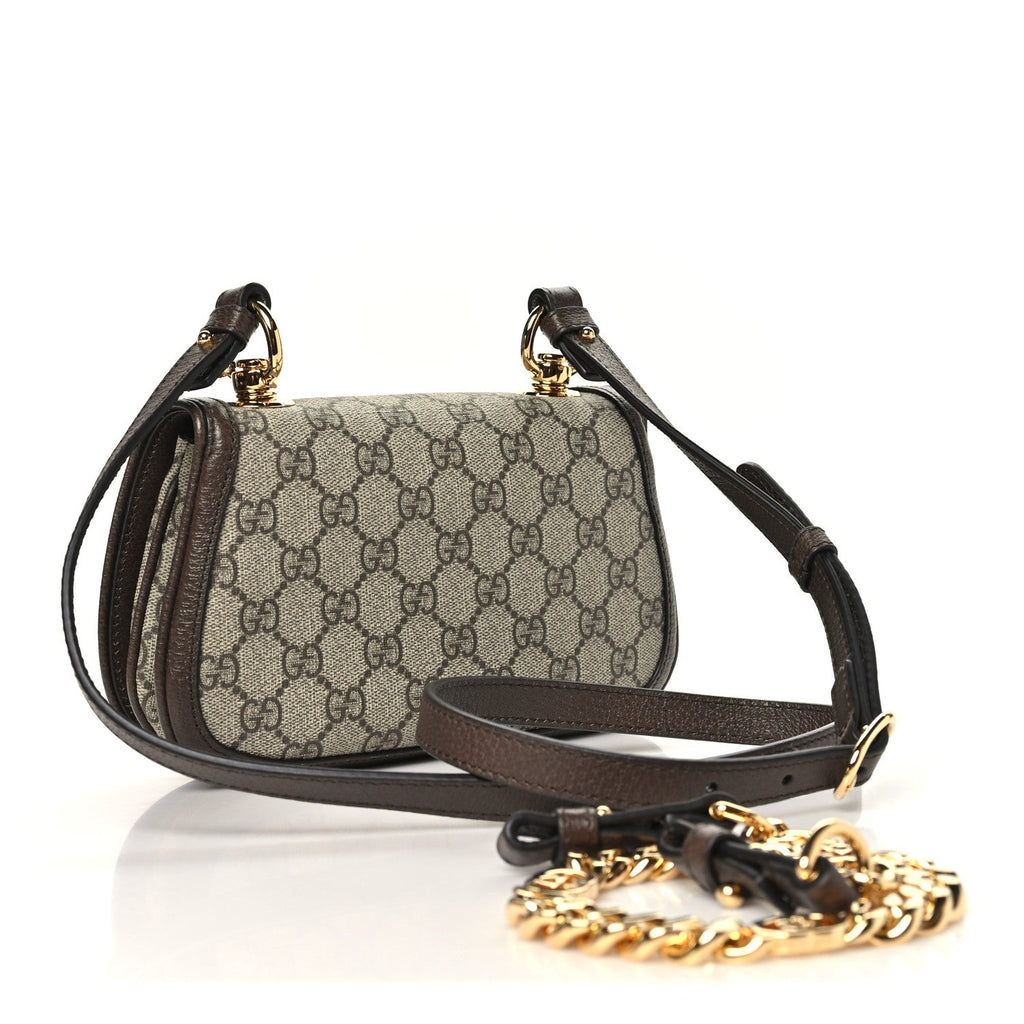 Gucci GG Supreme Monogram Textured Dollar Calfskin Mini Blondie Chain Shoulder Flap Bag Beige Ebony New Acero