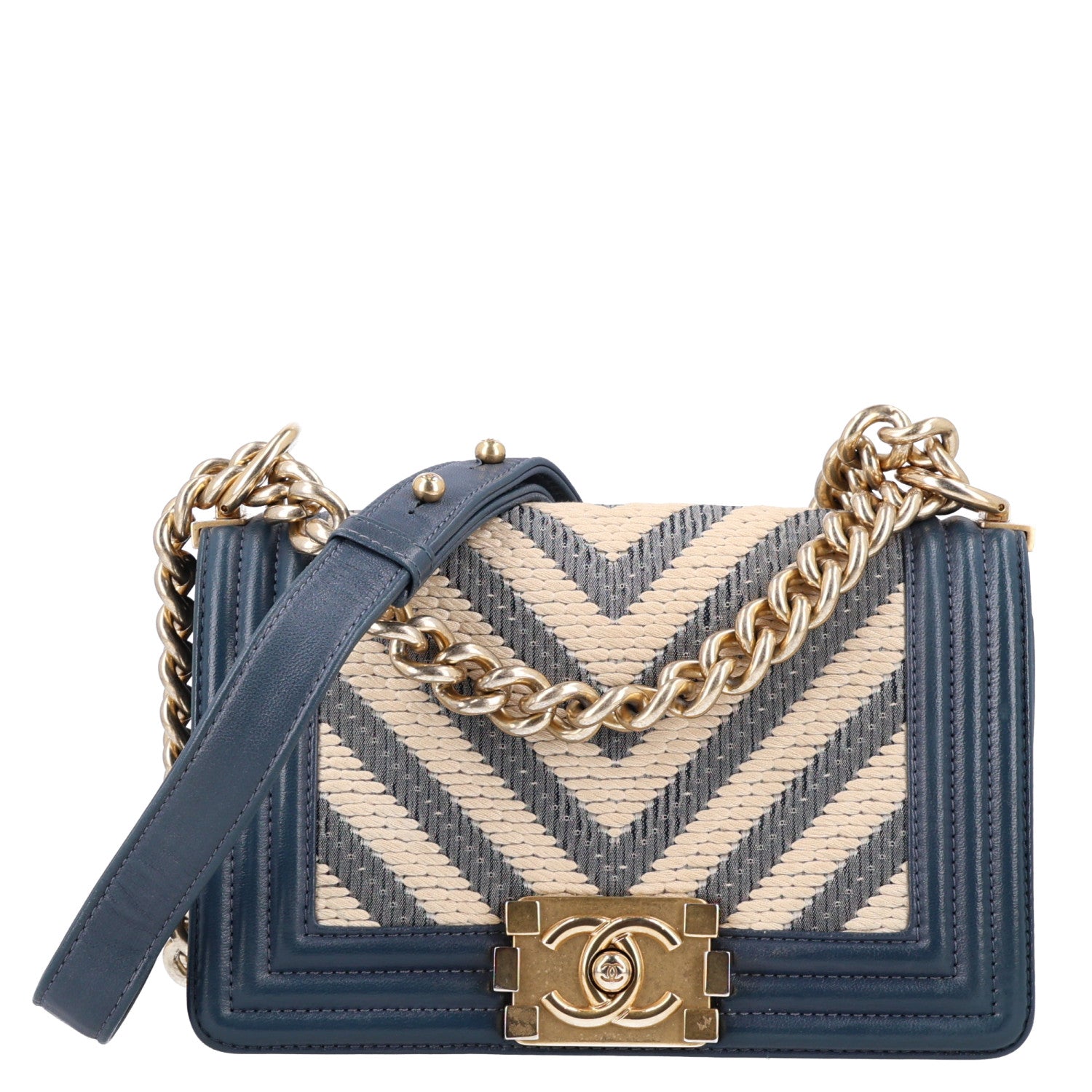 Chanel Fabric Chevron Braided Small Boy Flap Blue Ivory