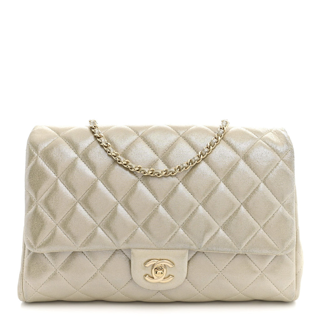 Chanel Iridescent Calfskin Quilted Clutch With Chain Flap Light Gold