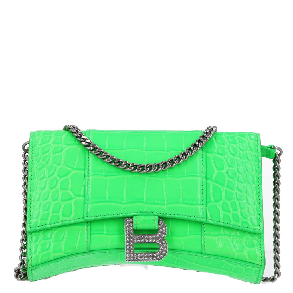 Balenciaga Shiny Calfskin Strass Crocodile Embossed Hourglass Chain Bag Fluo Green