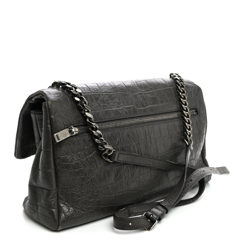 Saint Laurent Calfskin Crocodile Embossed Medium West Hollywood Monogram Fold-Over Grey