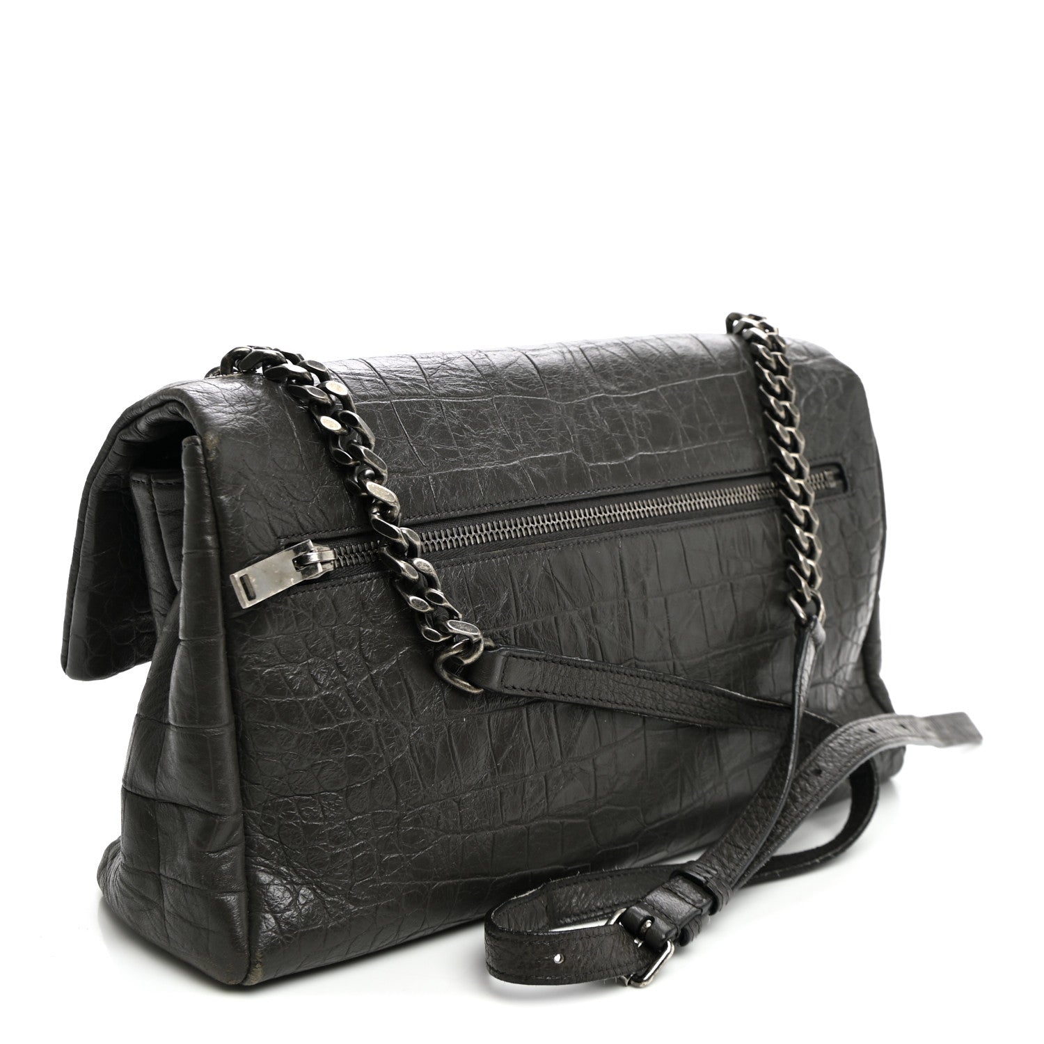 Saint Laurent Calfskin Crocodile Embossed Medium West Hollywood Monogram Fold-Over Grey