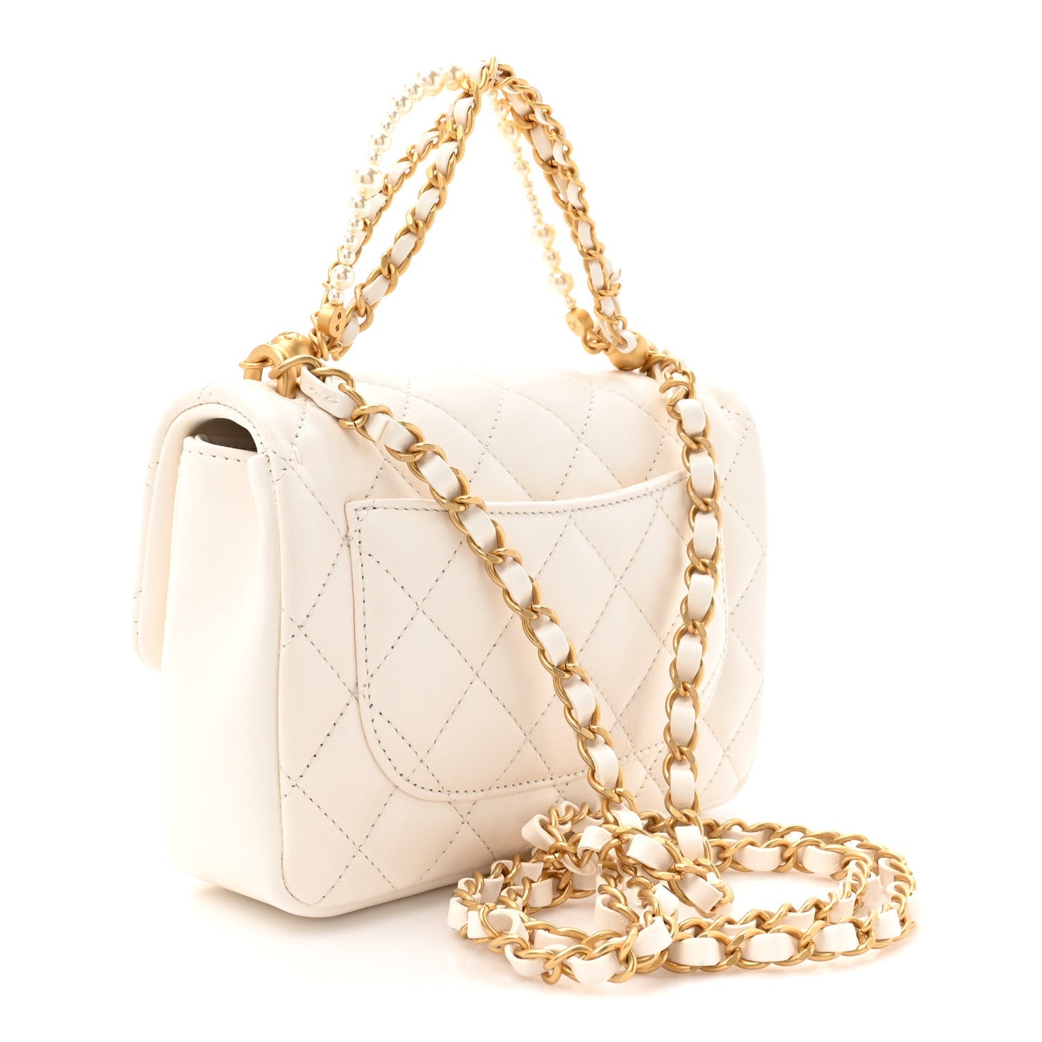 Chanel Shiny Lambskin Quilted Pearl Twist Mini Square Flap White